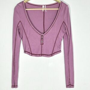 Out From Under Ribbed Cropped Henley Top Pink Long Sleeve Y2K Fitted M